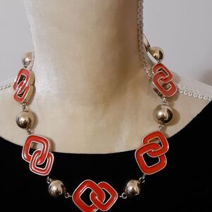 Liz Claiborne mid-century modern style red enamel gold tone 16" necklace classic